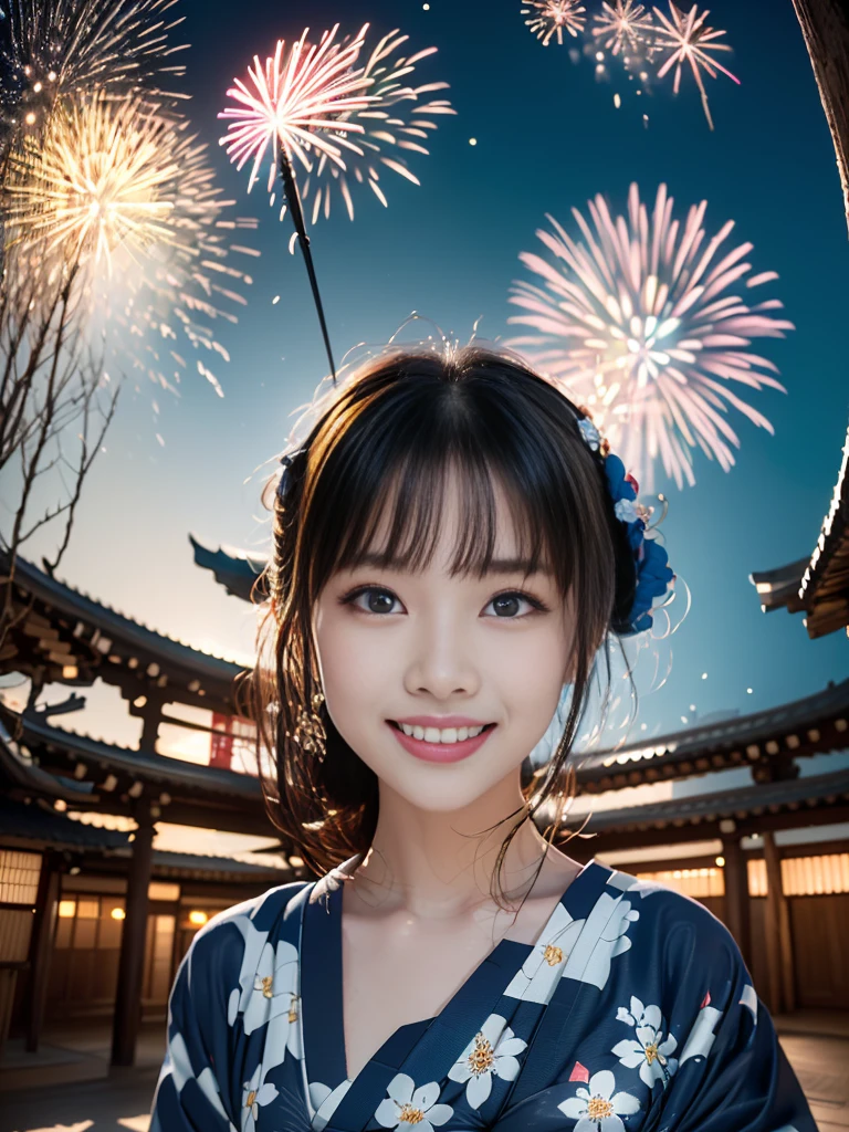 Highest quality、masterpiece、Ultra-high resolution、(Photorealistic:1.4)、RAW Photos、Detailed CG image quality、(Fireworks display:1.4)、Beautiful poop、One Girl、Japanese、21 years old、(blue eyes:1.2)、Pink lipstick、Laughter、(Black hair:1.4)、Updo Hair、White skin、(hair ornaments:1.4)、(Blue yukata:1.4)、Detailed portrait、8K quality、Concept Art、A dramatic, cinematic atmosphere、(Japanese Shrines:1.2)、(Japanese red and white lanterns:1.2)、Wind Chimes、(3 + woman: 1.4)、Sharp focus、Volumetric lighting、Cinema Lighting、Depth of written boundary、Ambient Lighting、Blurred foreground、Blurred Background:1.3、(8mm fisheye lens:1.4)、(Angle from directly below:1.4)、(The whole body is visible:1.4)、 information