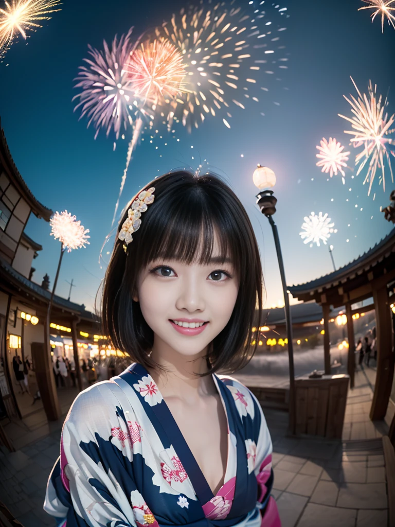 Highest quality、masterpiece、Ultra-high resolution、(Photorealistic:1.4)、RAW Photos、Detailed CG image quality、(Fireworks display:1.4)、Beautiful poop、One Girl、Japanese、21 years old、(blue eyes:1.2)、Pink lipstick、Laughter、(Black hair:1.4)、Updo Hair、White skin、(hair ornaments:1.4)、(Blue yukata:1.4)、Detailed portrait、8K quality、Concept Art、A dramatic, cinematic atmosphere、(Japanese Shrines:1.2)、(Japanese red and white lanterns:1.2)、Wind Chimes、(3 + woman: 1.4)、Sharp focus、Volumetric lighting、Cinema Lighting、Depth of written boundary、Ambient Lighting、Blurred foreground、Blurred Background:1.3、(8mm fisheye lens:1.4)、(Angle from directly below:1.4)、(The whole body is visible:1.4)、 information