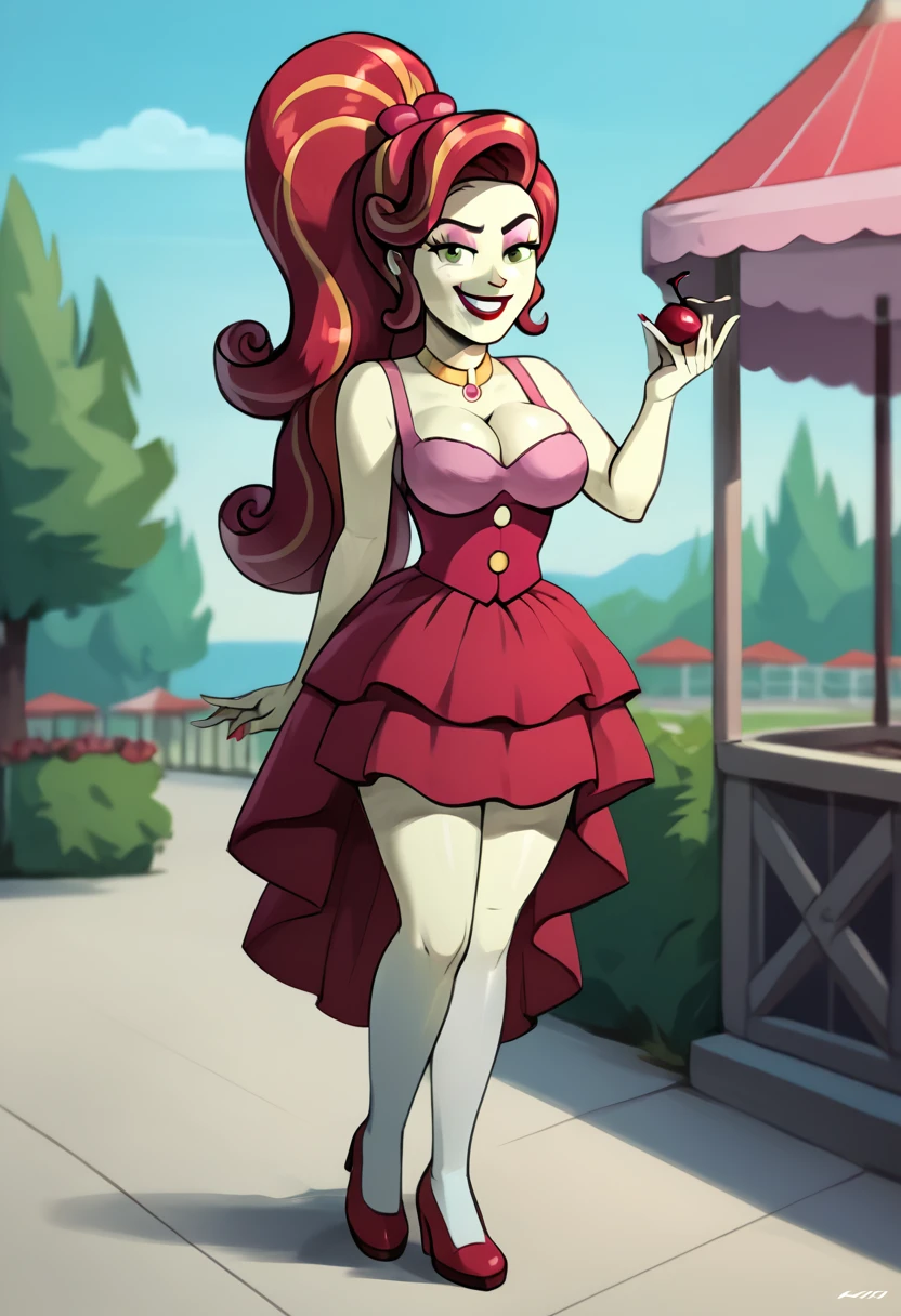 ((High Quality image 10k)) (( perfect autonomy 10k)) ((Masterpiece 10k)) Cherry Jubilee, solo girl, very pale yellow white skin, happy, 
Smug grin, cute face, naked, big breasts, Really big Feet, Cherry Jubilee Equestria girls, pubic hair, full body ,Standing, in the park, Cherry Jubilee, cuerpo completo, high resolusion