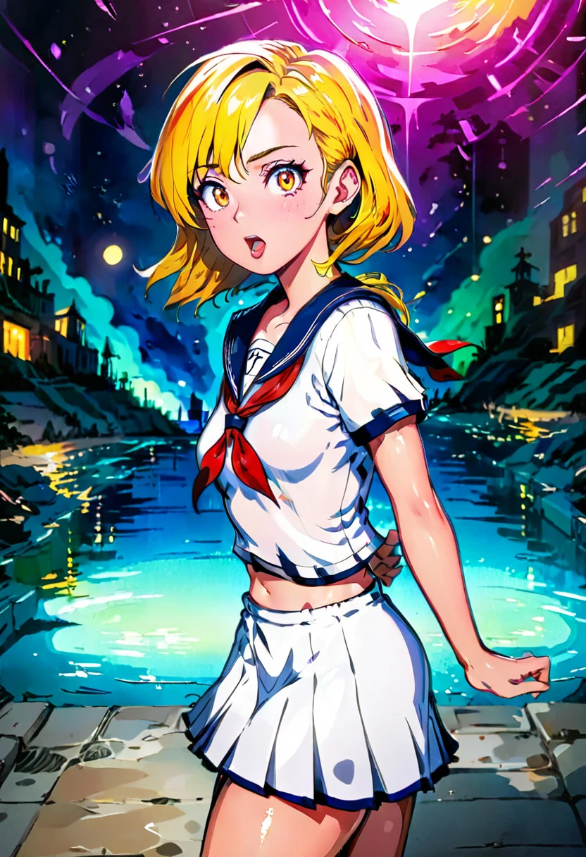 a beautiful detailed girl with twindrills,mummy girl,sailor uniform,tongue out,hand on hip,summer night dream,best quality,4k,8k,highres,masterpiece:1.2,ultra-detailed,realistic,photorealistic,photo-realistic:1.37,digital illustration,hyper detailed,cinematic lighting,highly saturated colors,vibrant,dynamic pose,symmetry,elegant,beautiful intricate details