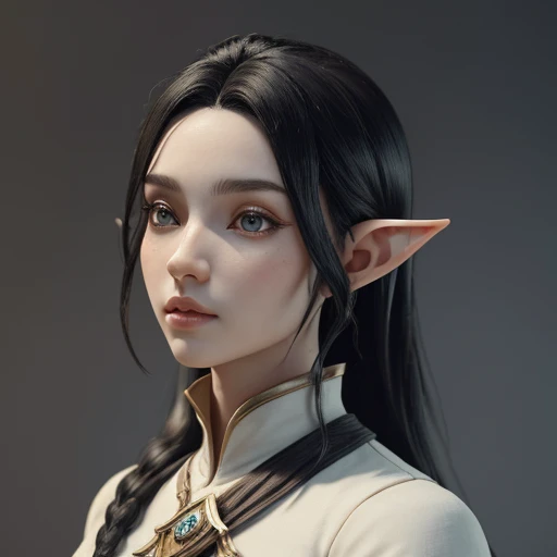 (masterpiece), (best quality),(portrait),(bust up),1girl,solo, animation style render, 3D, (pixer style) ,(clay) ,(sharp focus),(look at viewer),elf, (black hair),(elf ranger) ,adult, (ancient:1), ancient luxurious long clothes,(simple background:1)