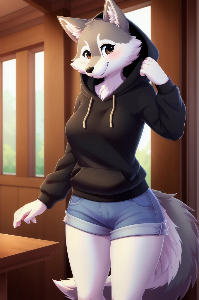 Female, solo, wolf, fluffly, furry, (average breasts), (curvy), (black hoodie), (jorts), accurate tail, slight blush, mature, smiling, happy, beautiful, highly detailed, high resolution, detailed eyes, detailed hands, detailed background, masterpiece