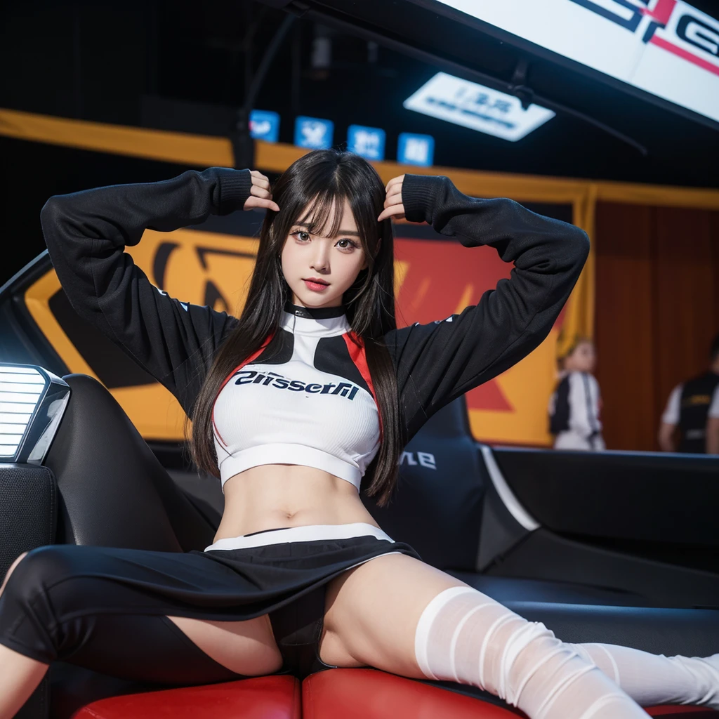 Super detailed photos、Detailed face、Lip gloss、Cool woman、Colorful costumes、F1 Driver Cosplay、Colorful costumes、Clothing with company logo、Grid Girlsのカラフルで派手な衣装、Grid Girls、Perfect Face、Paddock Girls、Harem、motor Show、tights、Bodycon Costumes、Grid Girls、Russia、Grid Girlsのコスプレ、belly button、Pleated skirt、Bodycon Costumes、Legs open pose、Spread your legs to show your crotch