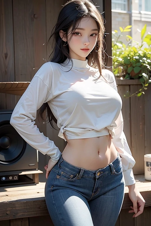 (Hinata Hinata, Very sensual, wearing tight clothes, big ass, Thick legs, Wearing extremely tight jeans, wearing a mini shirt, There is leakage in the belly button, long hair, Speakers at the back, Very realistic, very sexy, 8k, 8K is extremely detailed), (extremely delicate and beautiful), (masterpiece), (better quality: 1.0), (ultra high definition:1.0)(huge breasts:1.2),wet skin