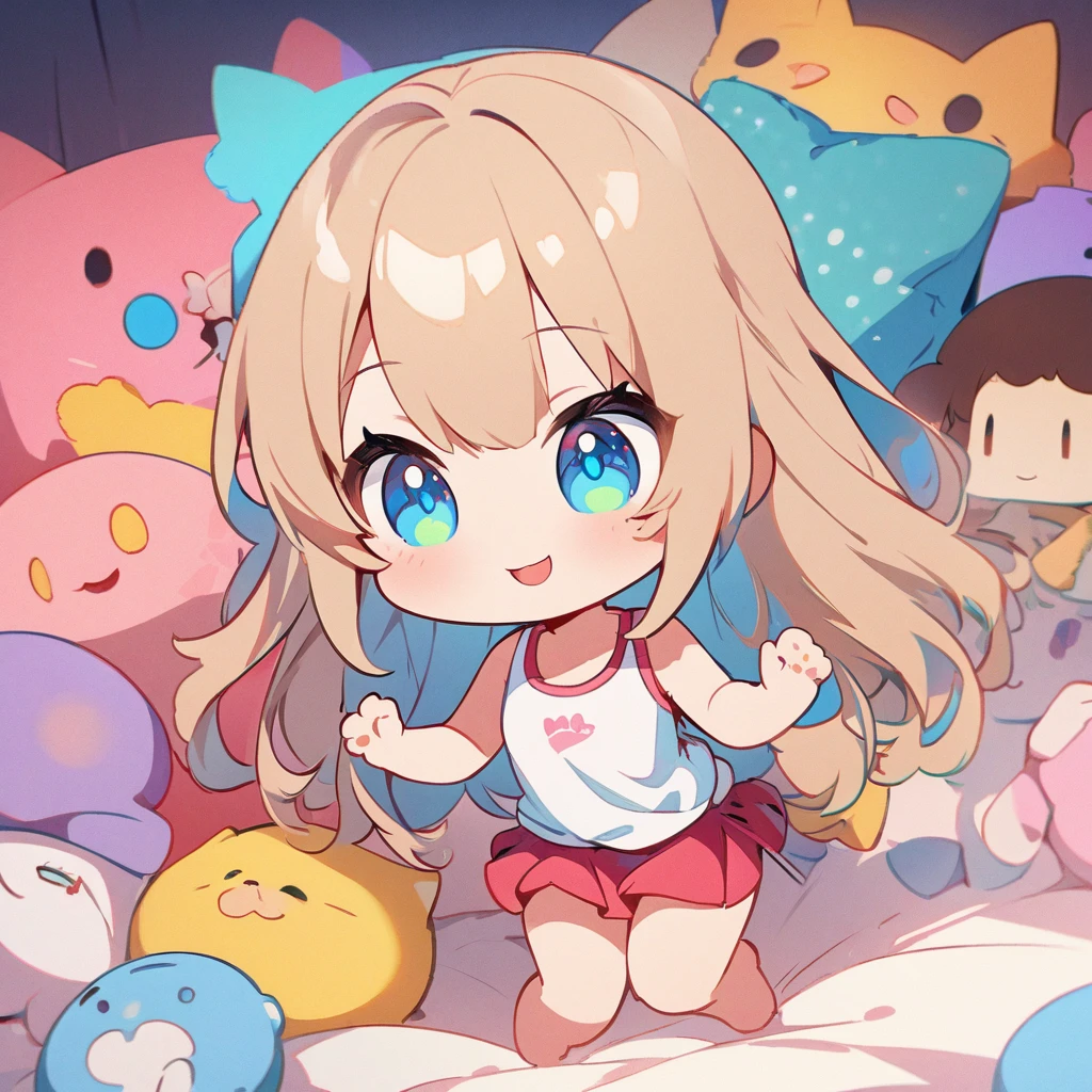 masterpiece、Highest quality、Depth of subject、((2D illustration))、1 beautiful girl、((colorful))、(((chibi style)))、((Long, beautiful hair))、Light brown hair、ribbon、cute、Beautifully detailed eyes、Tank top、((mini skirt))、(((vivid color))、((bed))、stuffed toy、((full body shot))、((Very happy face))、((kitten))、((There&#39;s a lot of pink around))、((Lens flare))、White light is shining、My whole body was filled with light