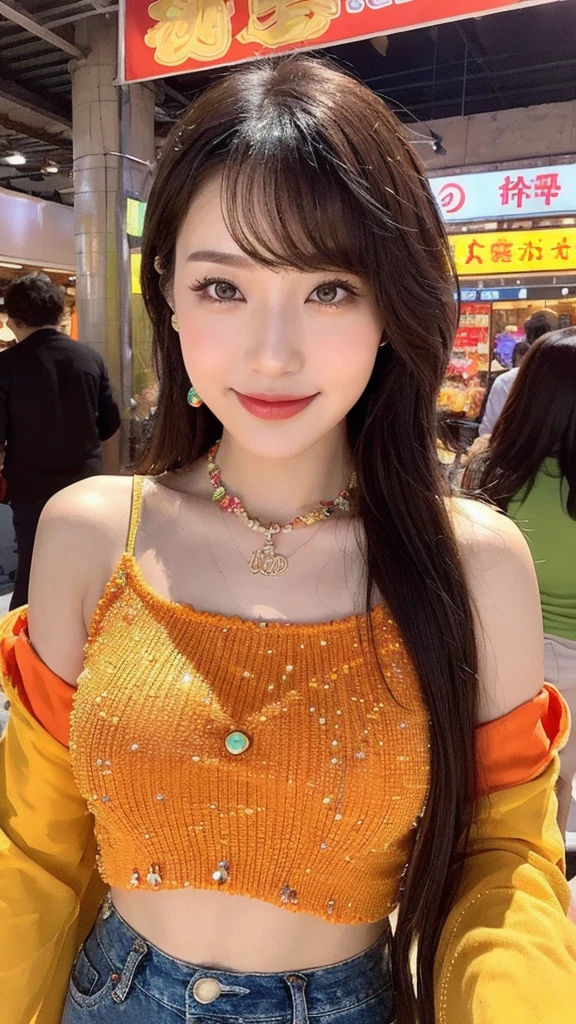 (lifelike, high resolution:1.3), close up,Chinese Beauty,The background is a bustling market,Bright Lights,Voices,Full of life。She wore a string of colorful glass beads around her neck.,Colorful。She has a stylish bob,A smile with a hint of kindness,The love for life shines in the eyes。She was wearing an orange ethnic-style top.,Wear with a pair of loose jeans,Looks stylish and has personality。In high definition image,Her image is like a living card,Shows the vitality and colorfulness of urban women。