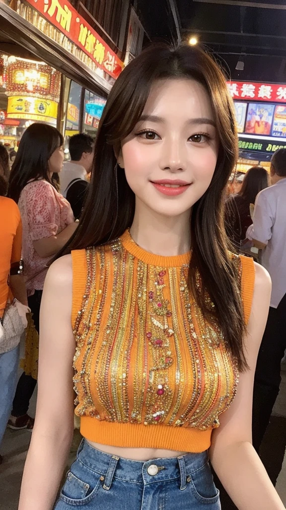 (lifelike, high resolution:1.3), close up,Chinese Beauty,The background is a bustling market,Bright Lights,Voices,Full of life。She wore a string of colorful glass beads around her neck.,Colorful。She has a stylish bob,A smile with a hint of kindness,The love for life shines in the eyes。She was wearing an orange ethnic-style top.,Wear with a pair of loose jeans,Looks stylish and has personality。In high definition image,Her image is like a living card,Shows the vitality and colorfulness of urban women。