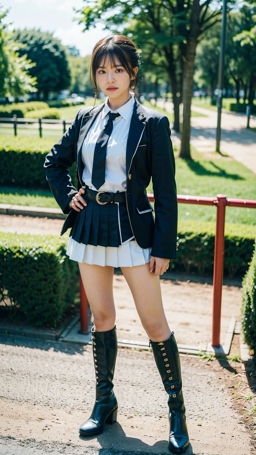 (8K、RAW Photos、Highest quality、masterpiece:1.2)、(Realistic、Realistic)、1 Girl、((Check mini skirt、tie、Medium Hair、black、Thin legs、whole body、boots、blackいコート、one piece、garden、View from the front、Looking into the camera、belt、Stand with hands on hips))、