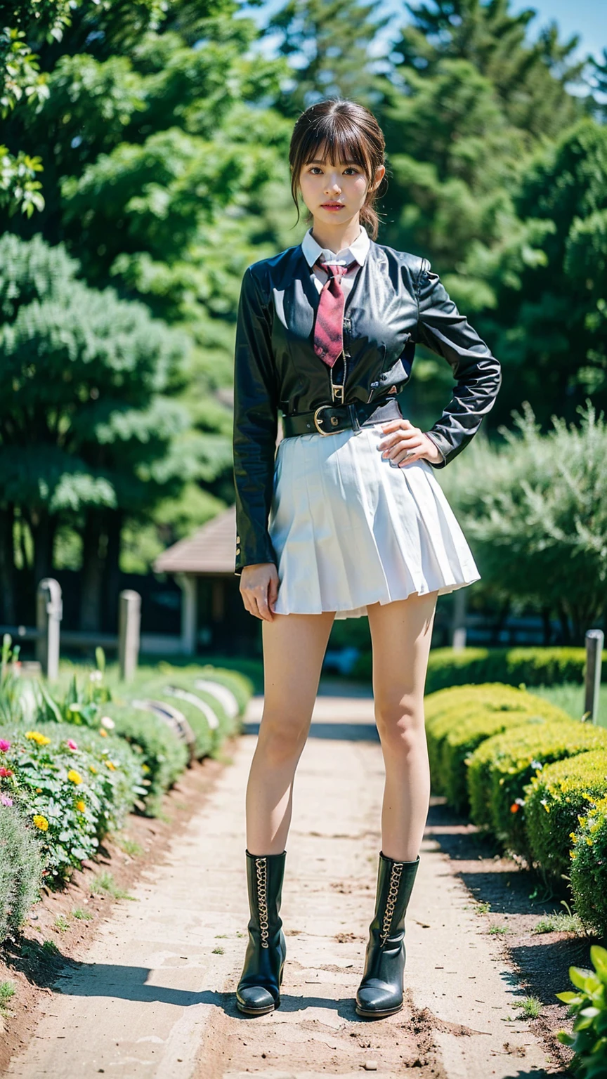 (8K、RAW Photos、Highest quality、masterpiece:1.2)、(Realistic、Realistic)、1 Girl、((Check mini skirt、tie、Medium Hair、black、Thin legs、whole body、boots、blackいコート、one piece、garden、View from the front、Looking into the camera、belt、Stand with hands on hips))、