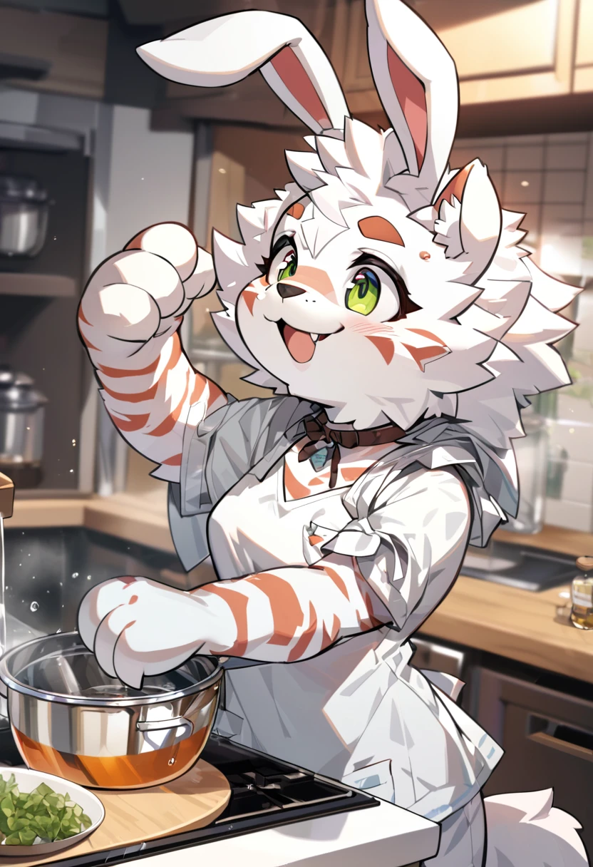 best quality, (Highly Detailed Beautiful Face and Eyes)absurdres, Perfect Anatomy((furry, angelic cute 1girl))(((furry)))(furry anthro:1.7)((rabbit Facial Features, rabbit Body Features))((rabbit ears, Highly Detailed Body Fur))chibi, summer outfit, kitchen, upper body, dancing, Flying sweat, joyful smile,