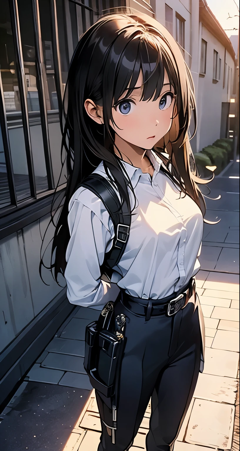 high quality, masterpiece, Ultra-high resolution, (realism: 1.4), Oil painting style, Cinema Lighting, An endless grassland dotted with a few houses, I stood on the empty asphalt road and looked at it., Fairy Mountain々was shrouded in mist, And the suspenders with the cranes flying Moderate breasts Small face holster Lying in bed Looking up Sweat belt summer 脇Sweat Black Hole Gloves suit shirt Black jacket Black trousers Leg Links ズボンにbelt holster Hands behind your back Anxious expression Looking up Anxious face profile Iron on the wrist Chain on wrist Handcuffs on wrists