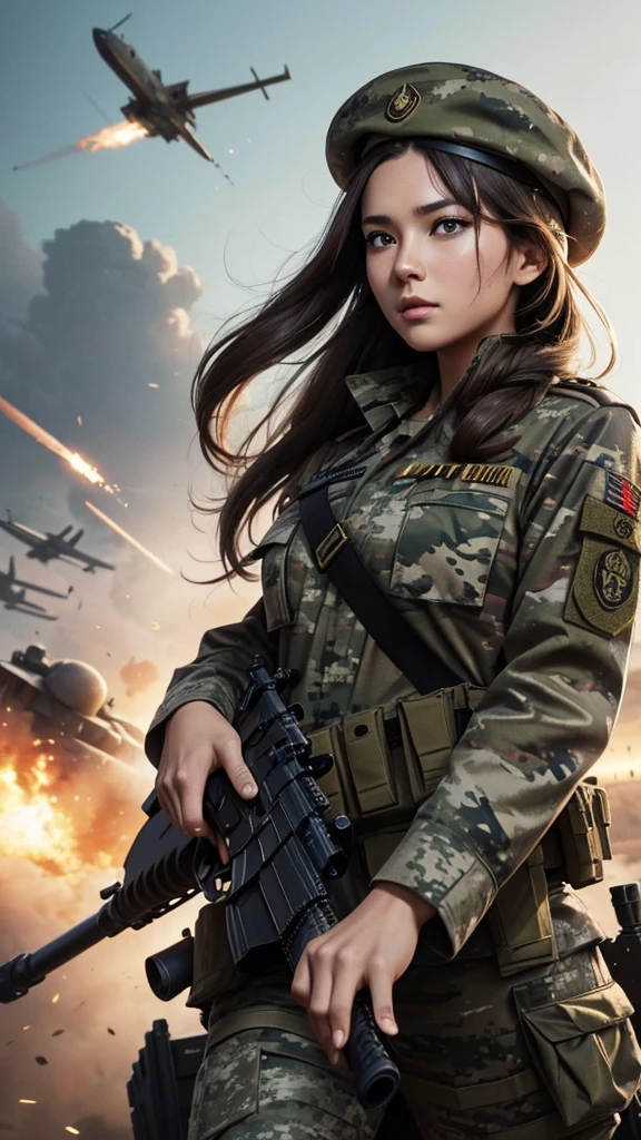 “Wallpaper featuring a glamorous woman in camouflage uniform and beret, with long brown hair tied back. Her face is dirty, and she is holding a machine gun with both hands, running through a battlefield. The background includes a tank, with fighter jets flying in the sky. The image should be highly detailed and cinematic.”