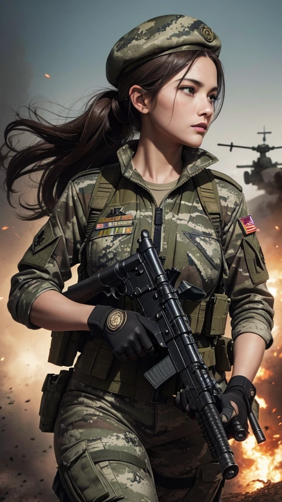 “Wallpaper featuring a glamorous woman in camouflage uniform and beret, with long brown hair tied back. Her face is dirty, and she is holding a machine gun with both hands, running through a battlefield. The background includes a tank, with fighter jets flying in the sky. The image should be highly detailed and cinematic.”