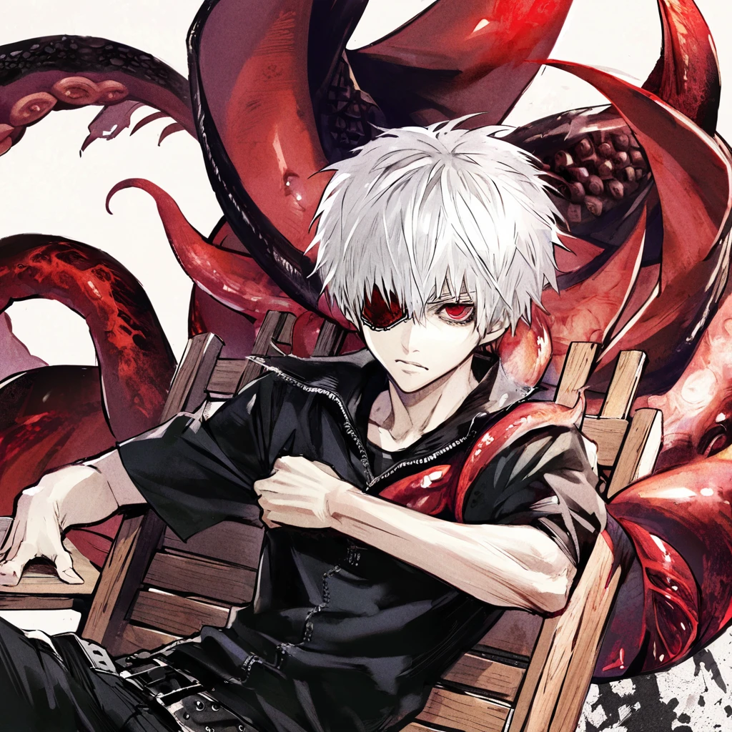 ```
ken kaneki, Tokyo Ghoul, white hair, black outfit, eyepatch, half-ghoul, serious expression, red kakugan eye, kagune tentacles, detailed face, high quality、Quiet appearance、sitting on a wooden chair、Centipede crawling
```