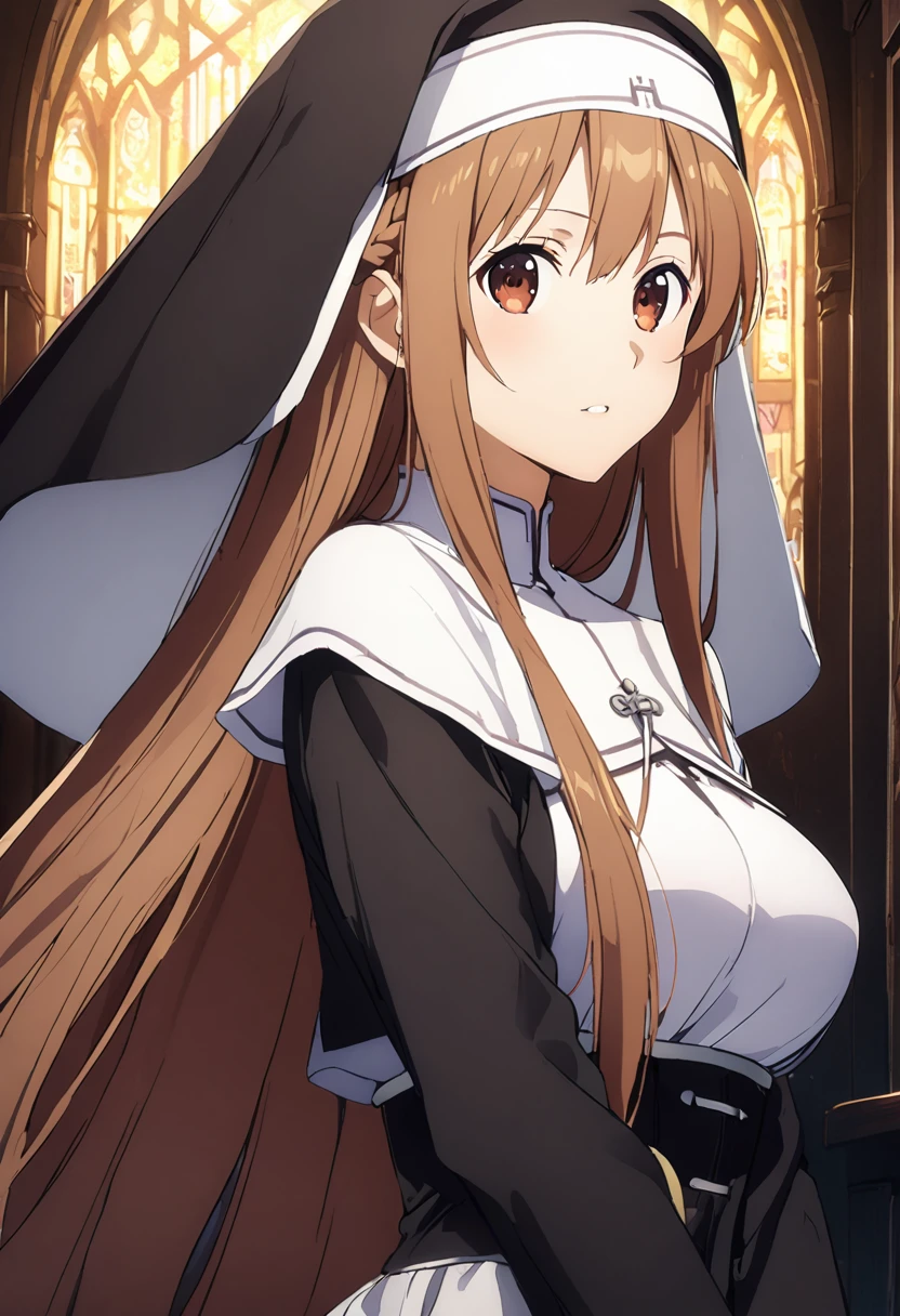 Highest quality、Super detailed、High resolution illustrations、Ultra-high-definition CG、８k size wallpaper、Production Art、Light novel illustrations、asuna yuuki, long hair, bangs, brown hair, brown eyes, very long hair, braid, Nun costume