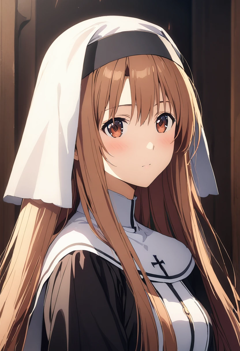 Highest quality、Super detailed、High resolution illustrations、Ultra-high-definition CG、８k size wallpaper、Production Art、Light novel illustrations、asuna yuuki, long hair, bangs, brown hair, brown eyes, very long hair, braid, Nun costume