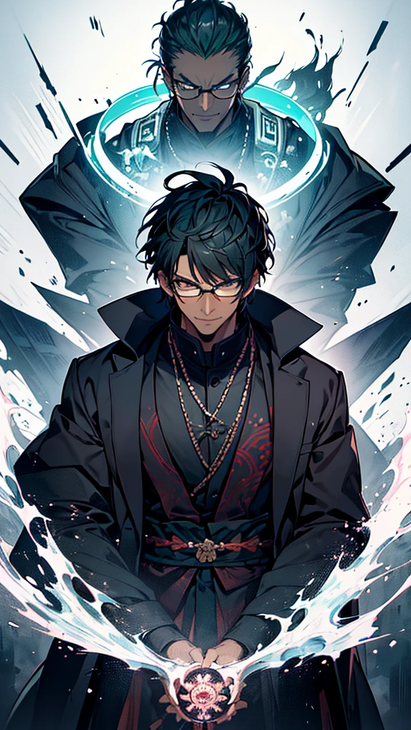 1 man, magic user, dark tone skin, short black hair, black rimmed glasses, necromancer, samurai, well dressed, very handsome, arrogant, smirking at viewer, interesting background, magic flowing around a samurai sword, blueish green magic circle, skulls, evil villian, dark fantasy