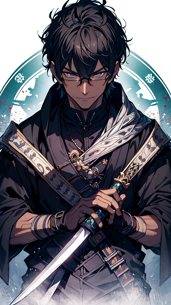 1 man, magic user, dark tone skin, short black hair, black rimmed glasses, necromancer, samurai, well dressed, very handsome, arrogant, smirking at viewer, interesting background, magic flowing around a samurai sword, blueish green magic circle, skulls, evil villian, dark fantasy