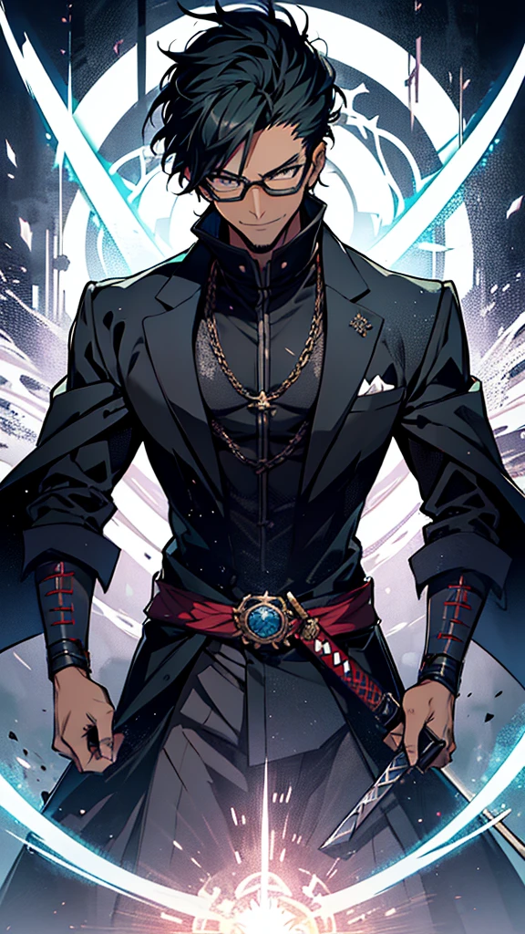 1 man, magic user, dark tone skin, short black hair, black rimmed glasses, necromancer, samurai, well dressed, very handsome, arrogant, smirking at viewer, interesting background, magic flowing around a samurai sword, blueish green magic circle, skulls, evil villian, dark fantasy 