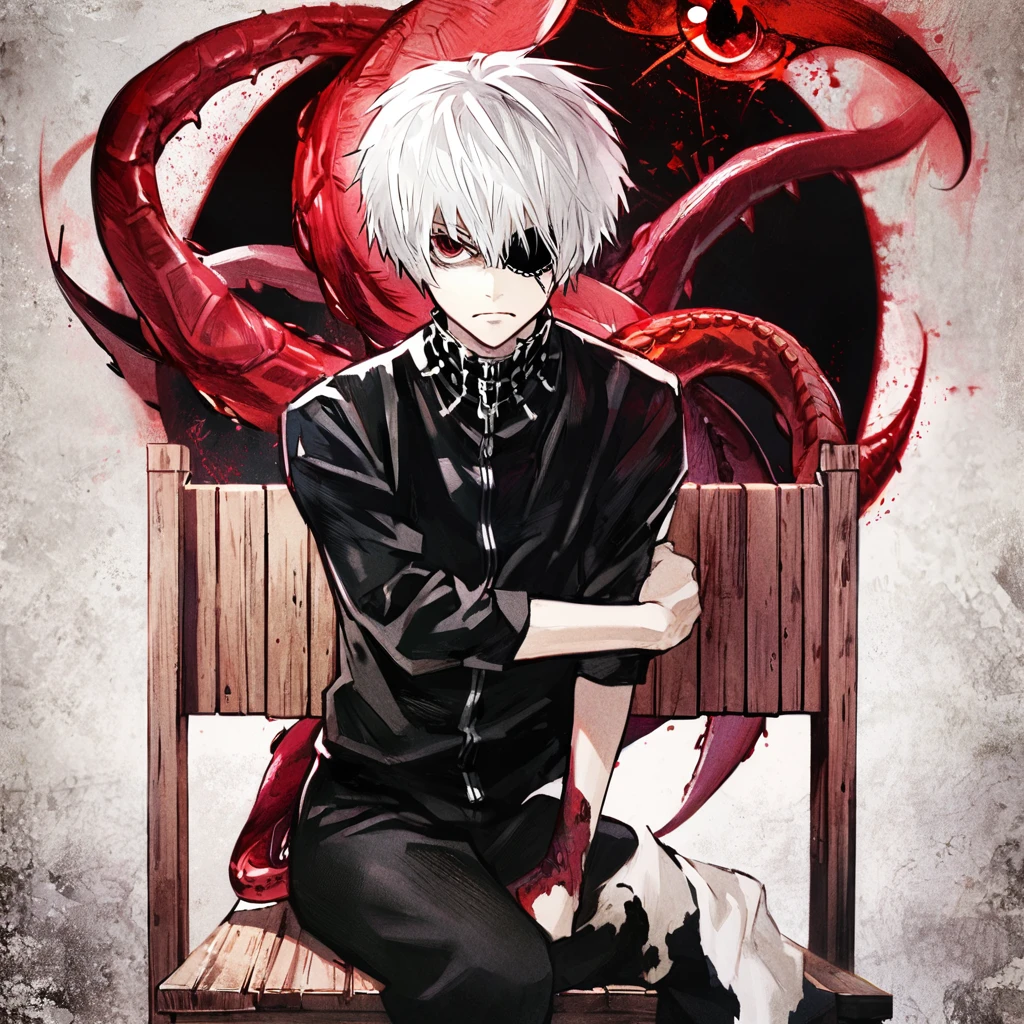 ```
ken kaneki, Tokyo Ghoul, white hair, black outfit, eyepatch, half-ghoul, serious expression, red kakugan eye, kagune tentacles, detailed face, high quality、Quiet appearance、sitting on a wooden chair、Centipede crawling

```