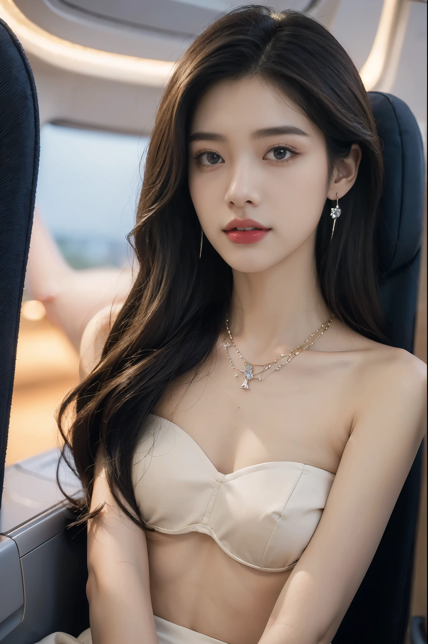 (((best quality))),(((ultra detailed))),(((masterpiece))),illustration,(a beautiful girl,female passenger,solo),(parted red lips),((slim,thin,small breasts,flat chest)),((earrings,crystal necklace)),summer night,((in airplane,economy class,indoor)),((strapless bra)),(shoulder length straight bob hair:1.2),stars,moonlight,smooth flight,engine sound,lullaby,relaxed,excited,laughing,visiting family,comfortable seats,soft fabric,headrests,adjustable,beauty of night sky,dimmed lights,sleeping passengers,movies,personal screens,staying awake,magic of sky,joy of being with family,memorable journey,adventures,(surrounded by crowded crowds:1.3),(Outside the window is high-altitude night view:1.2),((from front,close-up of face))