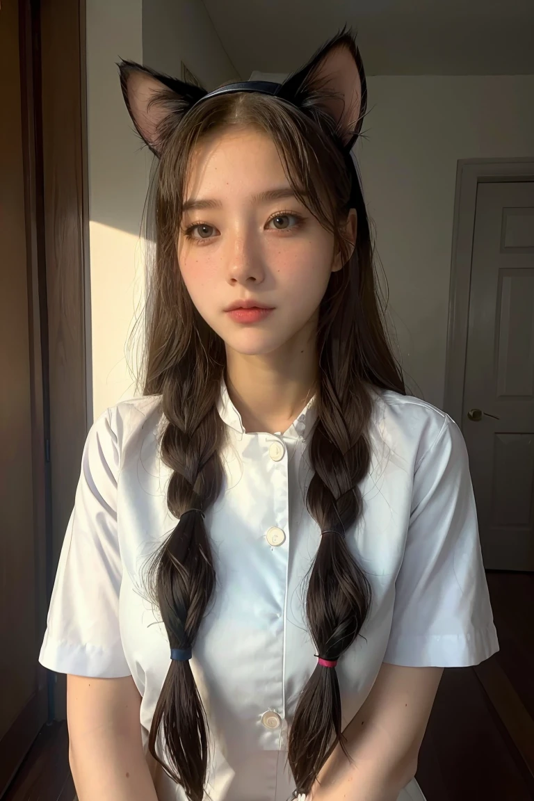 1girl, long hair, low-tied long hair, nurse cap, eyeball, wide eyes, cat ears, makeup, Surrealism, Surrealism, Contemporary art, Realism, image fill, silhouette, chiaroscuro, first-person view, f/1.8, UHD, masterpiece, 16k, 8k