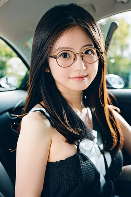 Beautiful Japanese woman driving a car、Black Hair、Beautifully straight long hair、Black-rimmed glasses、Angle from the passenger seat、Take the wheel、Concentrating on driving、Completely naked、Seat belt、The car is running、Facing the direction of travel、No underwear、No bra、nude、Completely naked