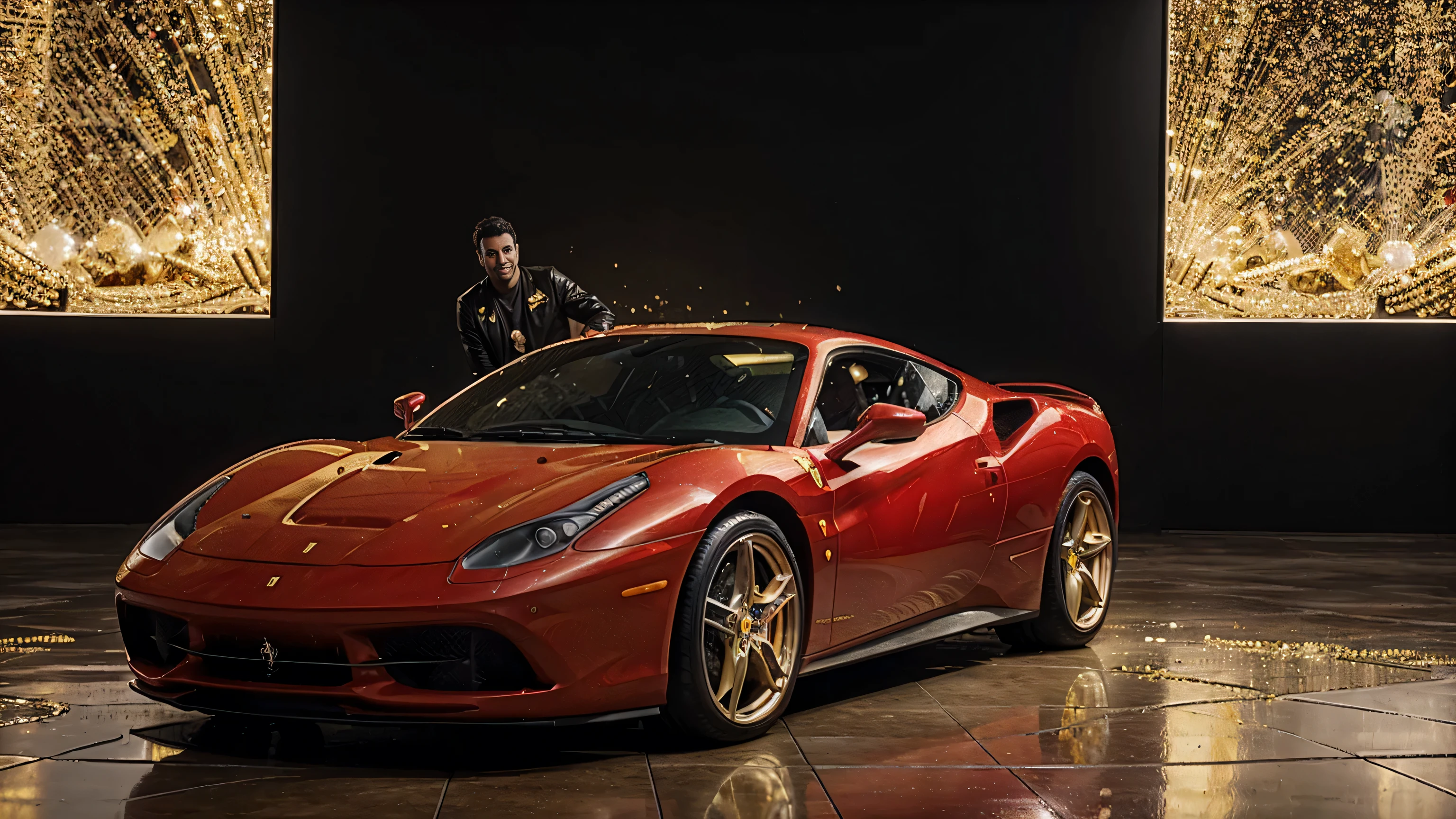 man next to a ferrari, full of gold coins falling from the sky, ultra detailed image, realism, 8k, hyper detailed skin, intense and vivid colors."man next to a ferrari"
