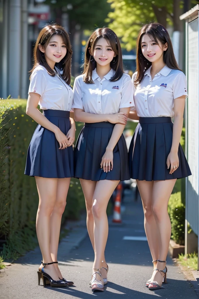 Three High School Girls, Beauty, 3 girls, cute, Wearing a uniform, Skirt length above the knee