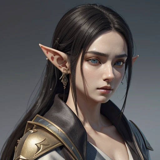 (masterpiece), (best quality),(portrait),(bust up),1girl,solo, animation style render, 3D, (pixer style) ,(clay) ,(sharp focus),(look at viewer),elf, (black hair),(elf ranger) ,adult, (ancient:1), ancient luxurious long clothes,(simple background:1)