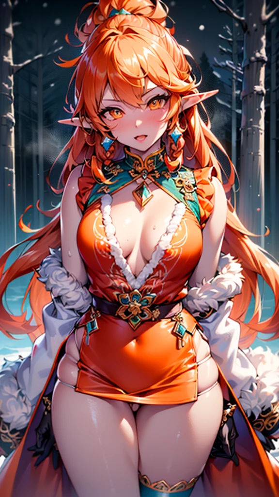 cute  elf,(((little ,tiny little body,little))),(((6 ))),((anime elf  with extremely cute and beautiful orange hair)), (((elf))), (((elf ears))),

(((flat chest))),((((orange hair:1.35,messy orange hair,long hair,huge braids,colored inner hair,ear breathing)))),(((orange_eyes:1.3))),intricate eyes,beautiful detailed eyes,symmetrical eyes,big eyes:1.5,(((lustrous skin:1.5,bright skin: 1.5,skin tanned,shiny skin,very shiny skin,shiny body,plastic glitter skin,exaggerated shiny skin,illuminated skin))),(detailed body,(detailed face)),

cute,slutty,erotic,daring,(((nsfw))),

zettai ryouiki,revealing clothing,show skin,(((Sexy orange coat, orange coat outfit, wearing a orange coat:1.3,orange winter coat))), ((orange mini-skirt,orange mini skirt with furry edge,visible thong straps)),(white gloves,orange clothes,semi-naked,with little orange clothing,((((furry edge clothing)))),(((intricate outfit,intricate clothes,embroidered outfit,ornate outfit))),

(dynamic pose:1.0),embarrassed,(centered,scale to fit dimensions,Rule of thirds),

((snowy pine forest at night)),with dark stormy clouds,winter,scenery:1.25,((snow forest background)),Christmas tree,

highres,sharp focus,(ultra detailed,extremely detailed),(photorealistic artwork:1.37),(extremely detailed CG unity 8k wallpaper),(((vibrant colors,vibrant theme))),(intricate),(masterpiece),(best quality),