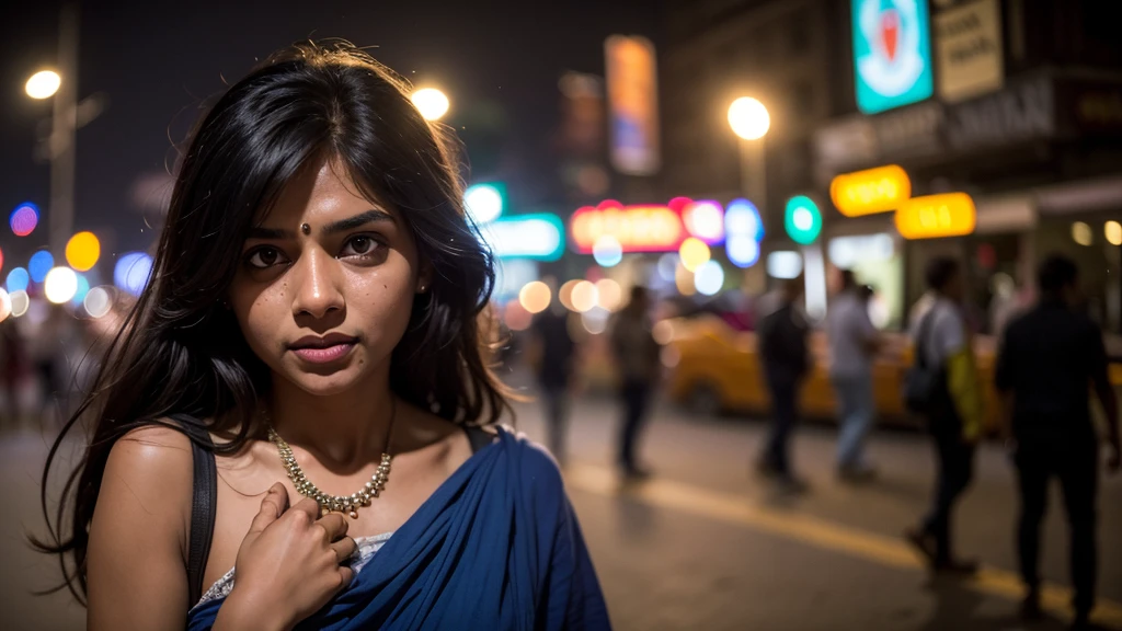 1 Indian girl, New Delhi street, night, alone, scared, city lights, upper body, close-up, motivated,, (8k, RAW photo, best quality, masterpiece:1.2),(realistic, photo-realistic:1.37),