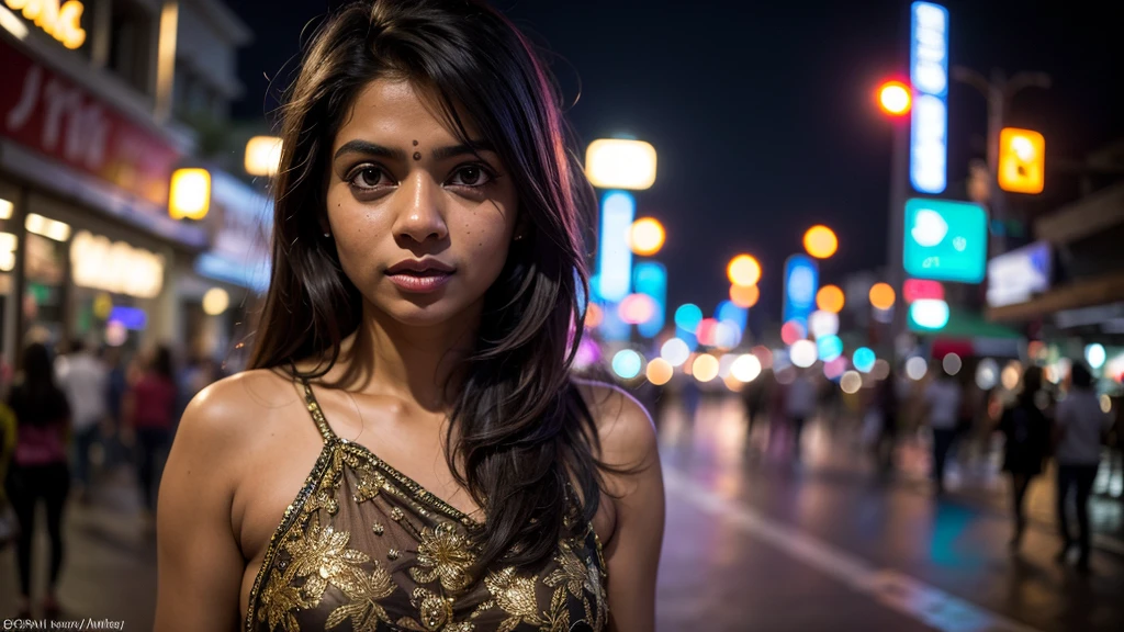 1 Indian girl, New Delhi street, night, alone, scared, city lights, upper body, close-up, motivated,, (8k, RAW photo, best quality, masterpiece:1.2),(realistic, photo-realistic:1.37),