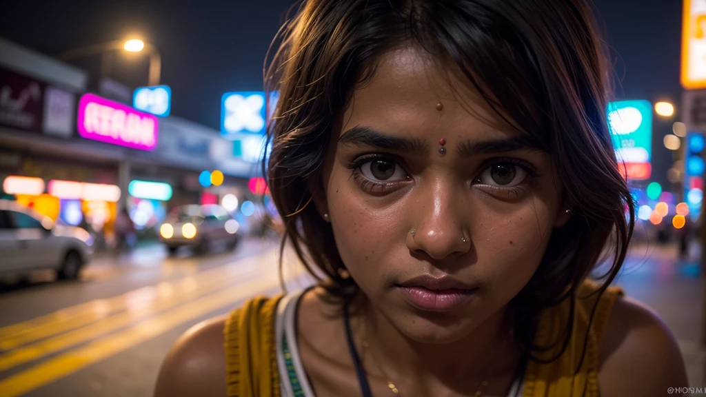 1 Indian girl, New Delhi street, night, alone, scared, city lights, upper body, close-up, motivated,, (8k, RAW photo, best quality, masterpiece:1.2),(realistic, photo-realistic:1.37),