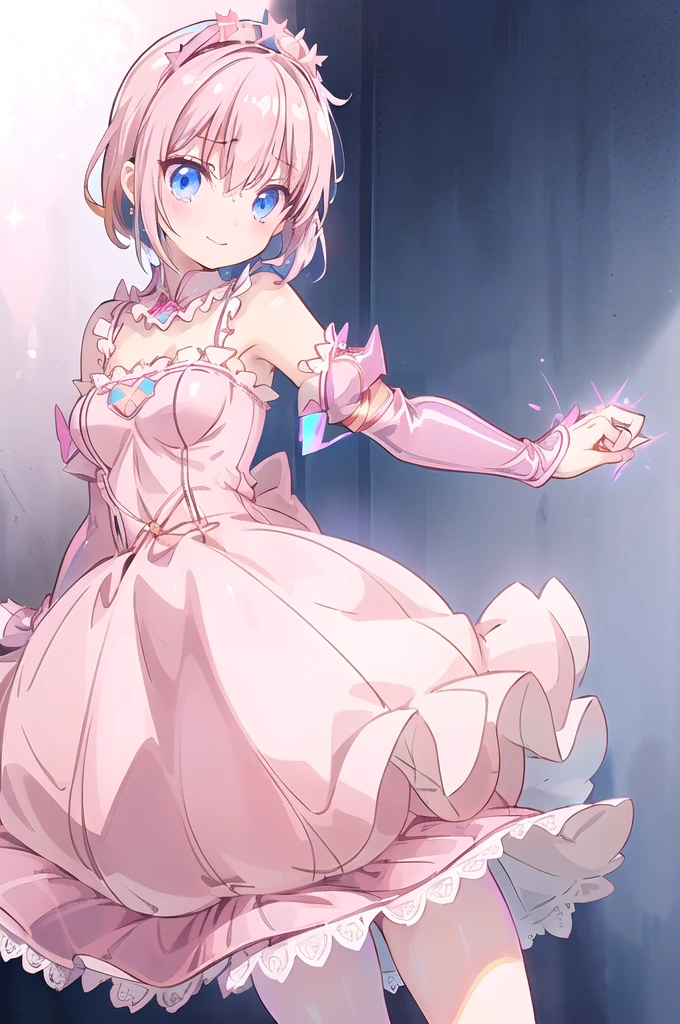 1girl,solo,(standard height),(cowboy shot:1.2),standing,(pink hair:1.6),(short hair:1.2),(tiara:1.2),(blue eyes:1.2),(beautiful fingers:1.6),(perfect anatomy:1.4),(arms_behind_back:1.6),(cold_shoulder:1.2),BREAK,(pink nurse uniform:1.6),(lace glossy silk lamé:1.6),(latex luster shiny glossy:1.6),(shiny_clothes:1.6),medium breasts,beautiful breasts,(masterpiece),best quality,(Ultra high definition eyes:1.2),8k,(Beautiful detailed eyes:1.2),(Fine and beautiful eyes:1.2),(pretty eyes:1.2),finely detail,extremely CG, absurdres,high resolution,illustration,Detailed and beautiful outlines,finely detail,high resolution,(colorful refraction:1.4,Increase saturation:1.2),beautiful lighting,dynamic lighting,closed room,black background,simple background, smile,looking at viewer,animemia,pink glove,(sheer sleeves:1.6),(wide sleeves:1.4),(pink thigh boost:1.4)