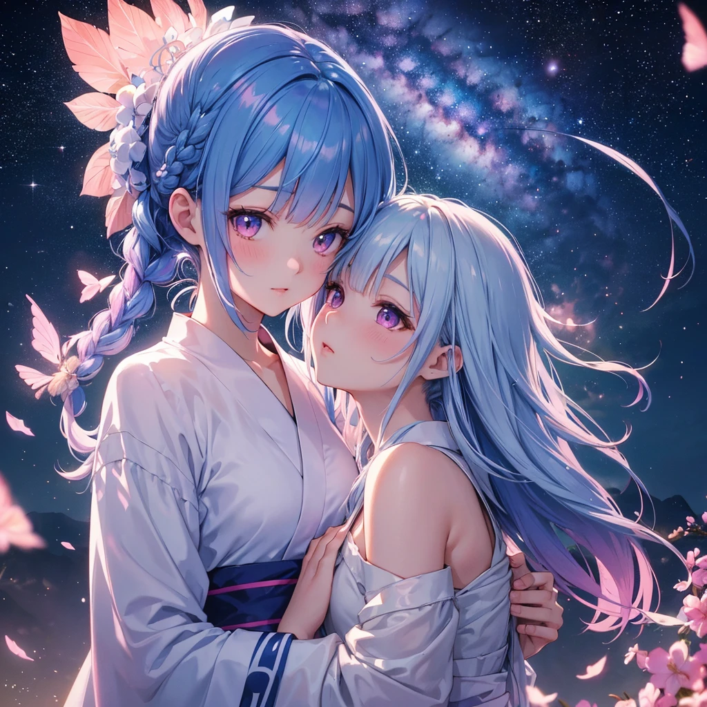 Sky blue hair, (One braided ponytail),(Pink Eyes),Fair skin ,(whole body),(One girl),White yukata,Tanabata,(The Milky Way in the night sky),Kissing Face,Straight bangs,,Wedding dress,(masterpiece, Highest quality, Very detailed, Best Shadow), (Detailed Background), (Beautifully detailed face), High Contrast, (Best lighting, Very delicate and beautiful), ((Cinematic Light)), colorful, Hyper Detail, Dramatic Light, Intricate details,