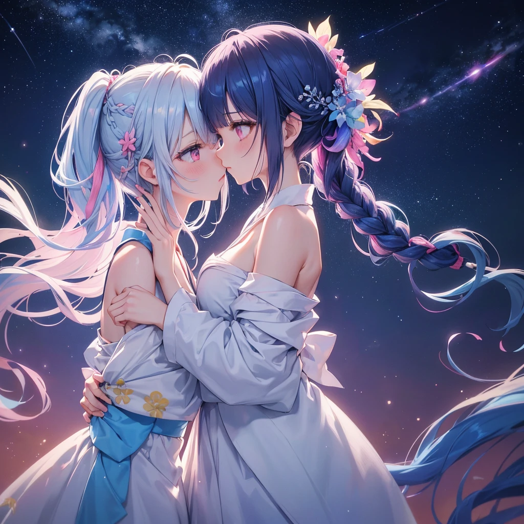 Sky blue hair, (One braided ponytail),(Pink Eyes),Fair skin ,(whole body),(One girl),White yukata,Tanabata,(The Milky Way in the night sky),Kissing Face,Straight bangs,,Wedding dress,(masterpiece, Highest quality, Very detailed, Best Shadow), (Detailed Background), (Beautifully detailed face), High Contrast, (Best lighting, Very delicate and beautiful), ((Cinematic Light)), colorful, Hyper Detail, Dramatic Light, Intricate details,