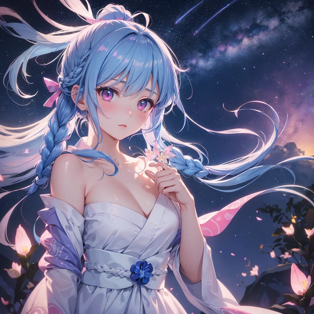 Sky blue hair, (One braided ponytail),(Pink Eyes),Fair skin ,(whole body),(One girl),White yukata,Tanabata,(The Milky Way in the night sky),Kissing Face,Straight bangs,,Wedding dress,(masterpiece, Highest quality, Very detailed, Best Shadow), (Detailed Background), (Beautifully detailed face), High Contrast, (Best lighting, Very delicate and beautiful), ((Cinematic Light)), colorful, Hyper Detail, Dramatic Light, Intricate details,