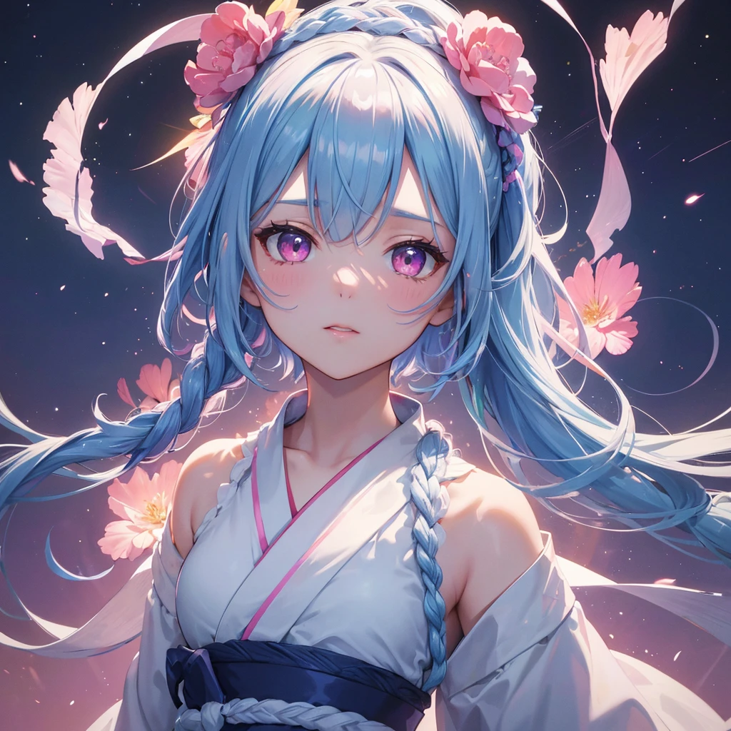 Sky blue hair, (One braided ponytail),(Pink Eyes),Fair skin ,(whole body),(One girl),White yukata,Tanabata,(The Milky Way in the night sky),Kissing Face,Straight bangs,,Wedding dress,(masterpiece, Highest quality, Very detailed, Best Shadow), (Detailed Background), (Beautifully detailed face), High Contrast, (Best lighting, Very delicate and beautiful), ((Cinematic Light)), colorful, Hyper Detail, Dramatic Light, Intricate details,