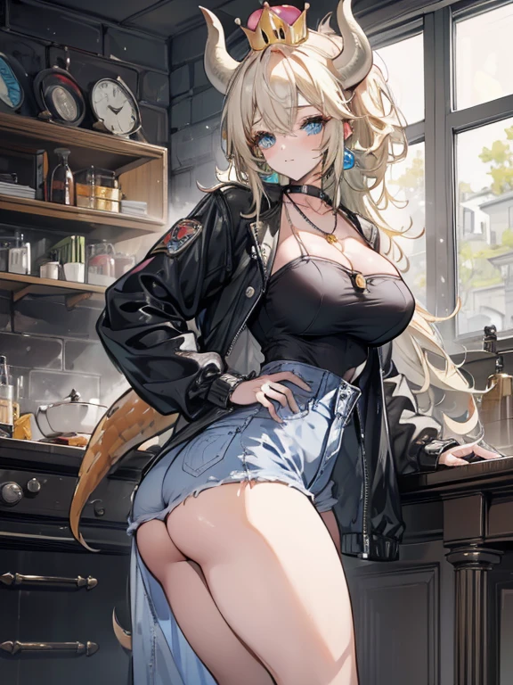 (work of art:1.2, best qualityer), Bowsette, beautiful adult woman, mature woman, standing alone, trunk, big boobies, Dark wash skinny jeans, open jacket, neckleace, ankle boots, loose waves, The center, the middle part, the nucleus, simple hoop earrings, green park, white  hair, long sideburns, (((the woman is walking, BIG ASS, thick legs))), standing alone
