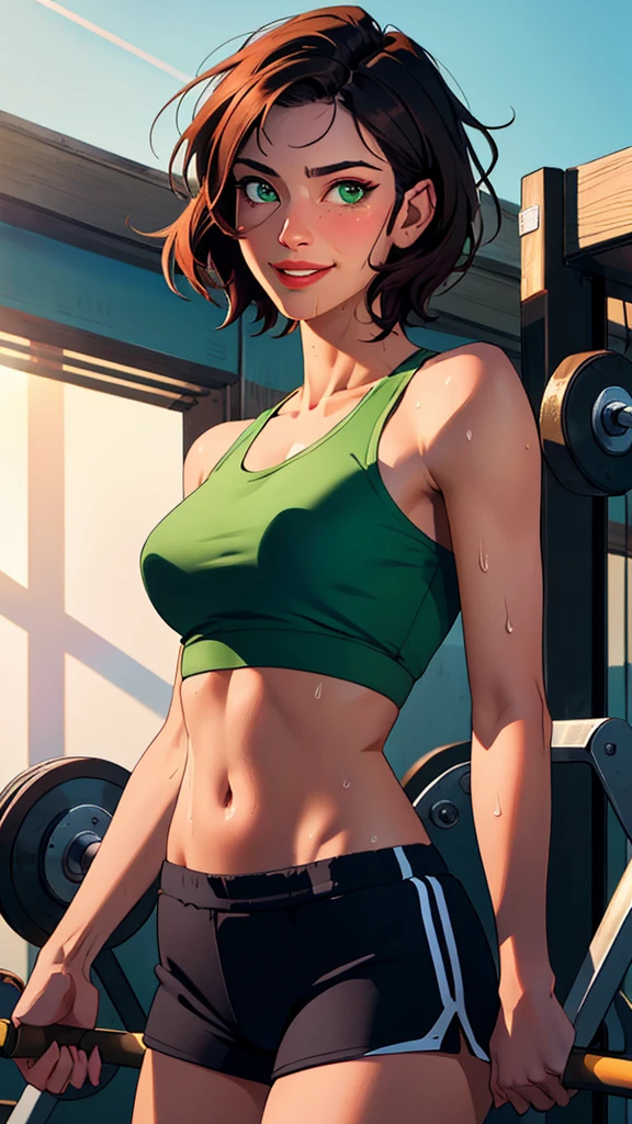 ((((masterpiece, best quality, high resolution)))), Extremely detailed 8K, 1 female, wearing a white crop top and black gym shorts, (Ultra HD, Ultra-detailed, Highly detailed, Highly realistic, Ultra-realistic, photograph realistic), (1girl:1.5), (Realistic green short hair), (dynamic poses), facing at camera, looking at viewer, (a smiling face), (regular hazel eyes, sharp eyes), (perky breasts:1.2), (beautiful detailed face, beautiful detailed eyes), ((slightly sweating)), (preparing for a workout), sweat, glow, (sunbeam, sunlight), ((cowboy shot)), gym background, seductive, EnvyBetterHands LoCon,