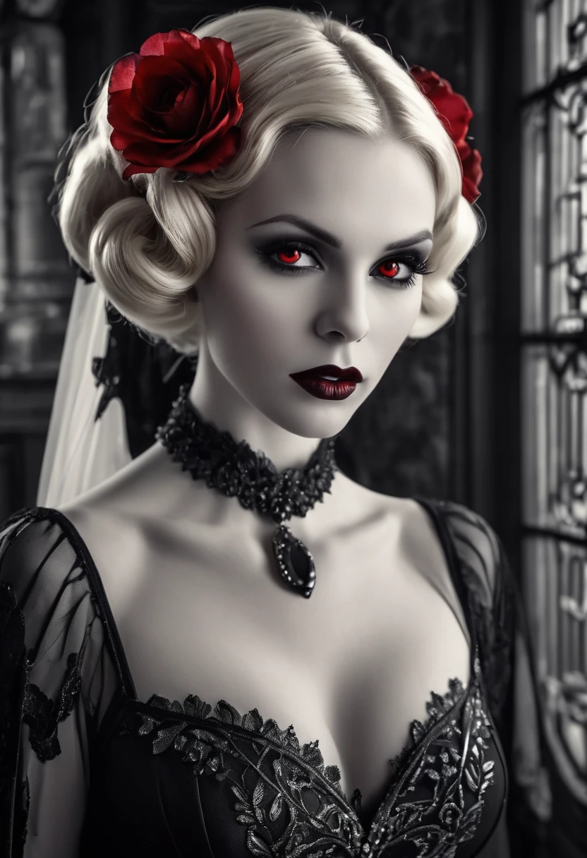 fantasy art deco (art deco: 1.5) A (black and white: 1.5) glamours (vampire: 1.5) model shot, RAW, award winning, of an exquisite beautiful 1solo female vampire, ultra feminine, full body, busty woman, most beautiful face ultra detailed face, ((blond long twin tails: 1.5)), twin tails decorated with black flowers,  pale skin, glowing (red: 1.3) eyes, wearing (lavender and red: 1.5) silk glamour intricate dress, with flowers on it,  wearing intricate high heels, light make up, ancient library background, (black and white filter: 1.4), (anatomically correct: 1.4), 1960s photoshoot style, picture taken from dynamic range, vibrant, Ultra-high resolution, High Contrast, (masterpiece:1.5), highest quality, Best aesthetics), best details, best quality, highres, ultra wide angle, 16k, [ultra detailed], masterpiece, best quality, (extremely detailed), Intense Gaze, hud_s1n, short black dress, long sleeves, veil, thighhighs