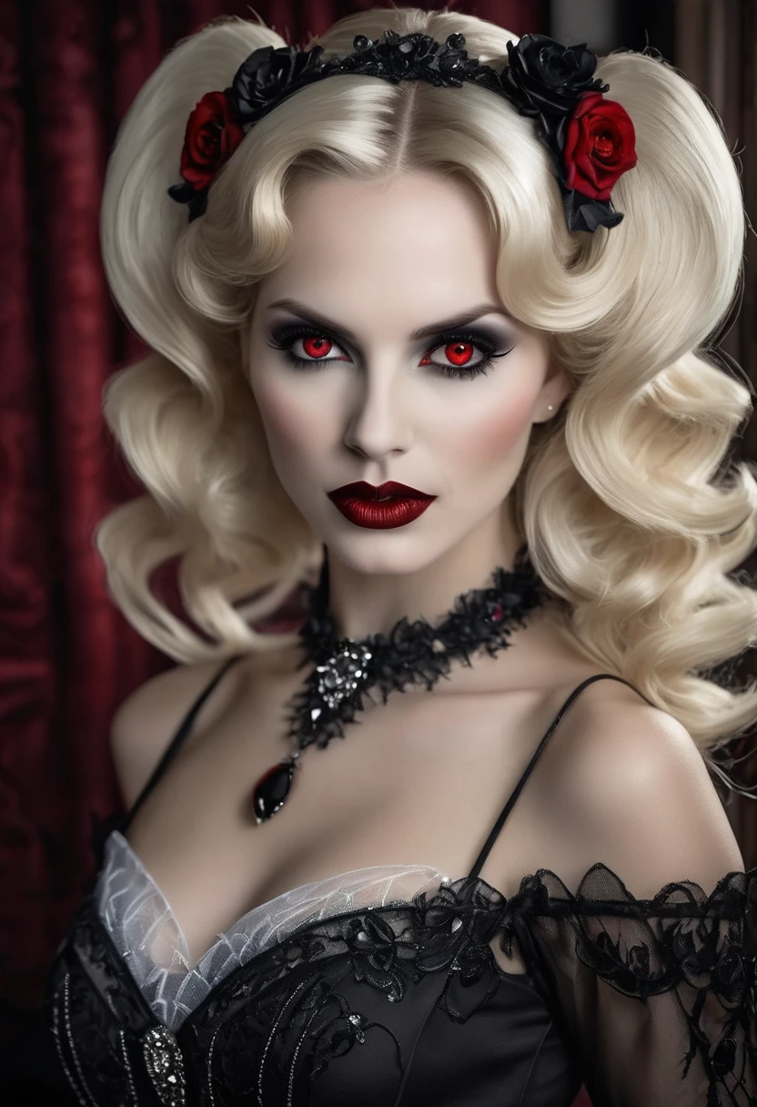 fantasy art deco (art deco: 1.5) A (black and white: 1.5) glamours (vampire: 1.5) model shot, RAW, award winning, of an exquisite beautiful 1solo female vampire, ultra feminine, full body, busty woman, most beautiful face ultra detailed face, ((blond long twin tails: 1.5)), twin tails decorated with black flowers,  pale skin, glowing (red: 1.3) eyes, wearing (lavender and red: 1.5) silk glamour intricate dress, with flowers on it,  wearing intricate high heels, light make up, ancient library background, (black and white filter: 1.4), (anatomically correct: 1.4), 1960s photoshoot style, picture taken from dynamic range, vibrant, Ultra-high resolution, High Contrast, (masterpiece:1.5), highest quality, Best aesthetics), best details, best quality, highres, ultra wide angle, 16k, [ultra detailed], masterpiece, best quality, (extremely detailed), Intense Gaze, hud_s1n, short black dress, long sleeves, veil, thighhighs