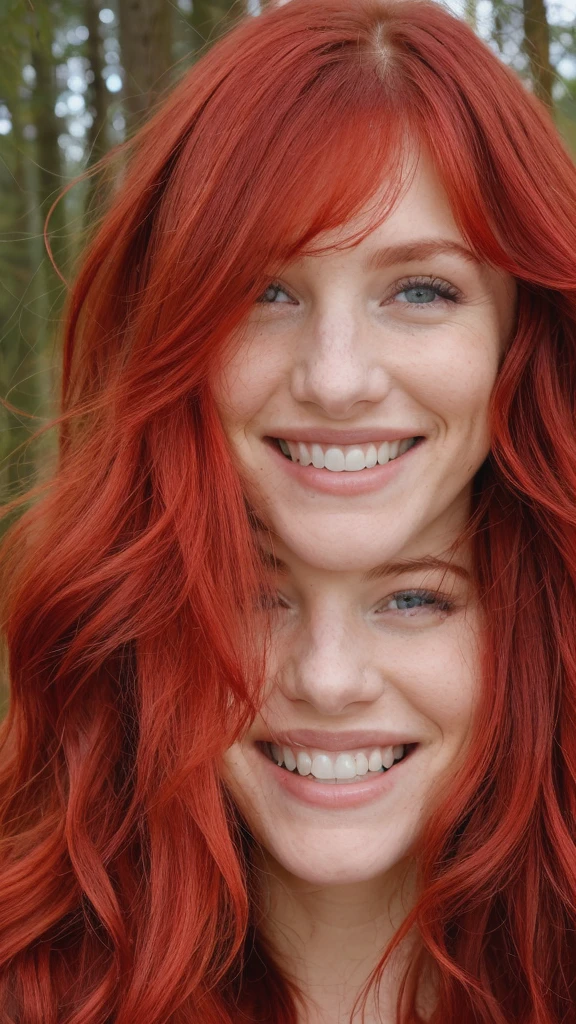photo of a woman, red hair, smiling, in the woods