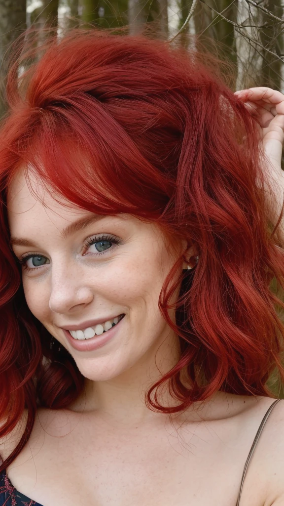 photo of a woman, red hair, smiling, in the woods