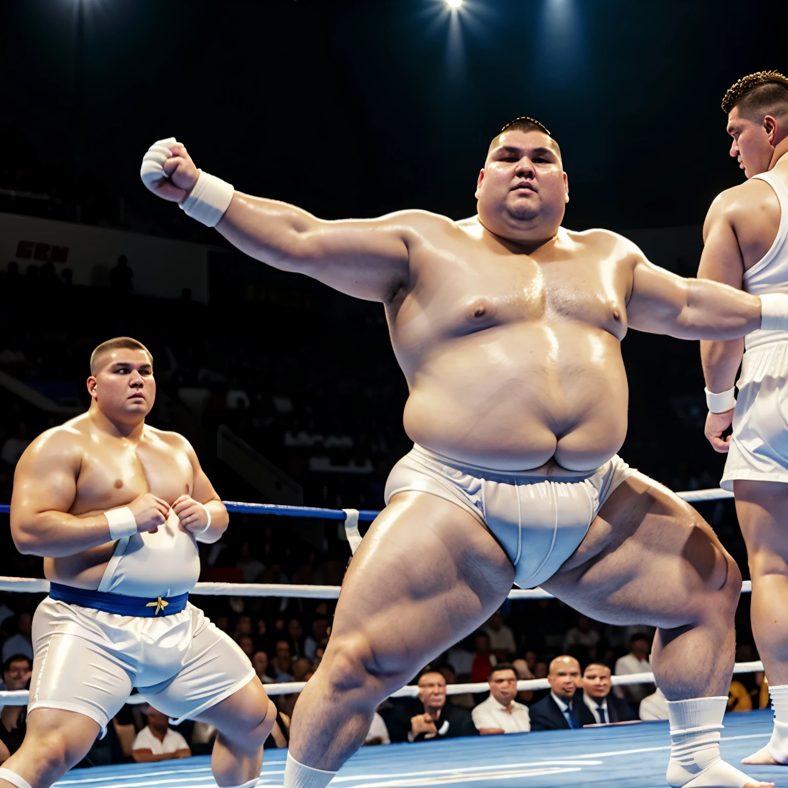 A huge young European white sumo wrestler with undercut light-brown haircut, over-bloated with muscle and fat, looking like a ball, in a white lycra suit and white socks, no shoes, looks at the crowd arrogantly around the fight ring where he stands alone, his white socks must be seen