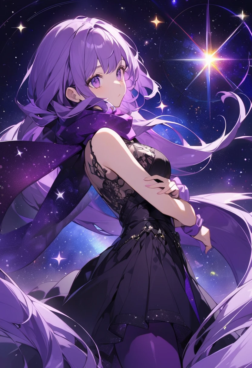 Extra long purple hair,Purple Eyed Woman,She has a great figure in a black and purple tights,A purple scarf on the wrist,The background is purple, the universe and the starry sky