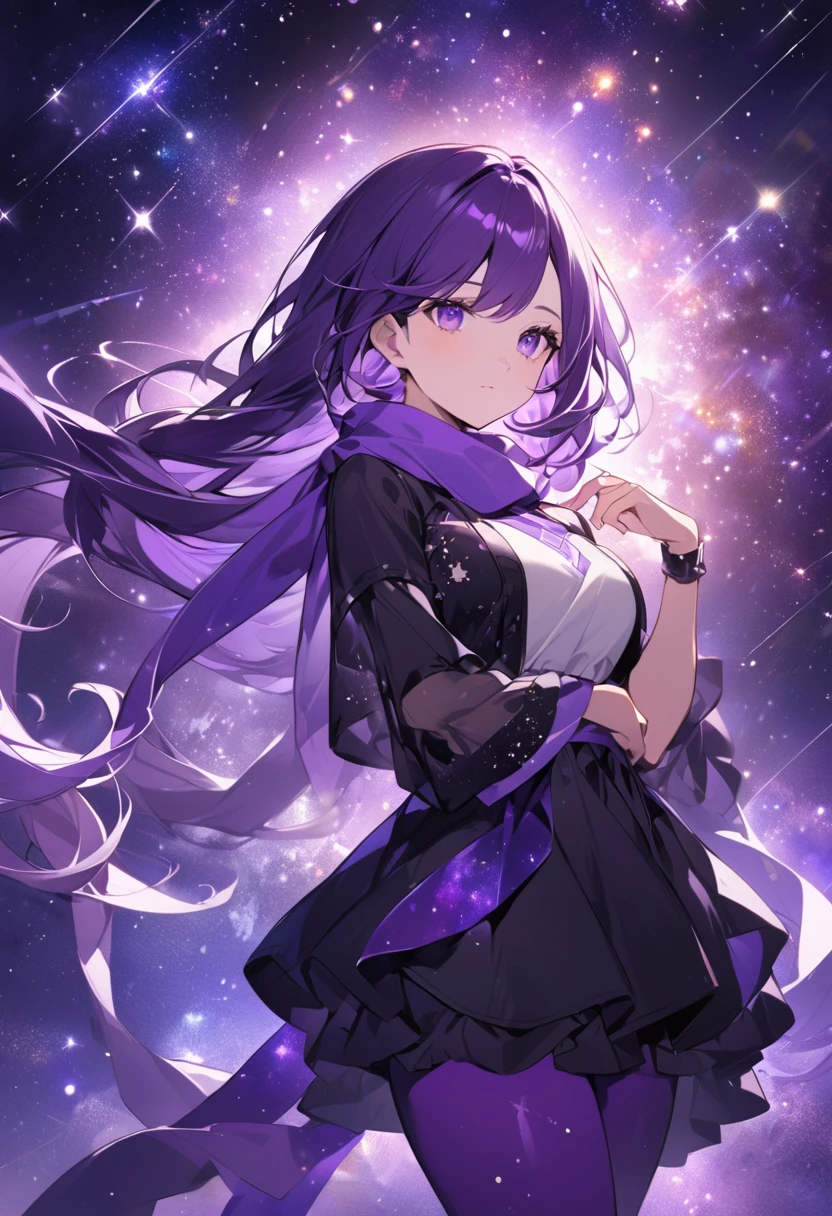 Extra long purple hair,Purple Eyed Woman,She has a great figure in a black and purple tights,A purple scarf on the wrist,The background is purple, the universe and the starry sky