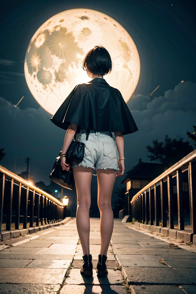 night sky, castle, 1girl, standing, solo, full body, , maribe, puffy short sleeves, cape, baga , 18 years old girl with short hair,