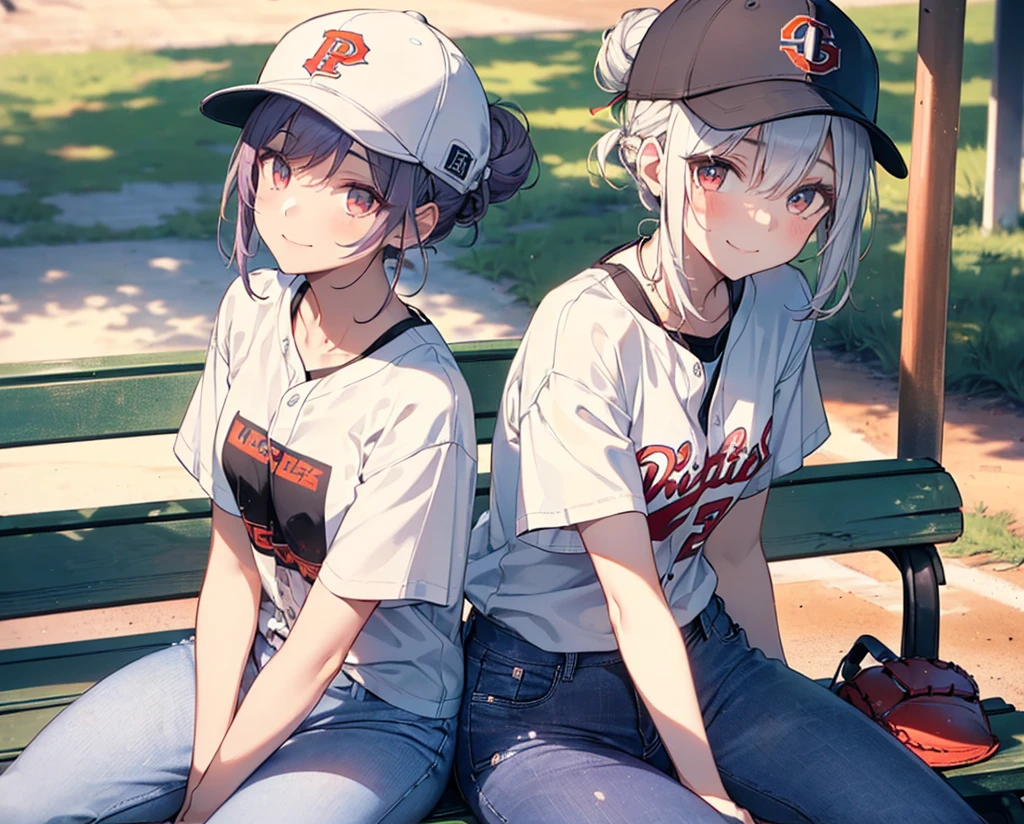 (Close-up:1.3),Realistic,Highest quality, Super detailed, High-quality CG rendering, The most delicate and beautiful, Floating softly, High resolution, (1 girl), (Highest quality,4K,8K,masterpiece:1.2 Light purple hair,(Hair in a bun:1.5),Red eyes,(Pure white oversized short sleeve T-shirt:1.3),(Black skinny jeans:1.3),(Pure white baseball cap:1.3),In the city,old buildings,(Sitting on a bench:1.4),smile